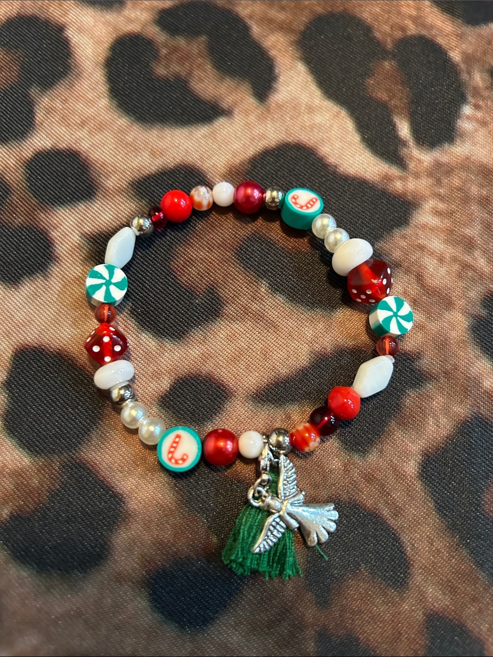 Hand Crafted Red, Green & White Beaded Charm Bracelet
